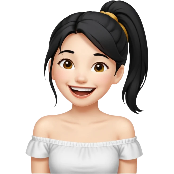 Cewe Ceria Kulit putih cerah, rambut hitam dikuncir dewasa Pakai off shoulder putih. Lagi ketawa lepas emoji