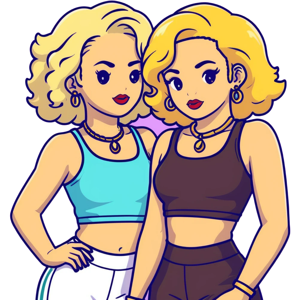 Two teenage girls together, one white with straight blonde hair and one brown-skinned with curly dark hair, both with heavy makeup, big lips, crop tops, gold jewelry and flashy choni style outfits emoji