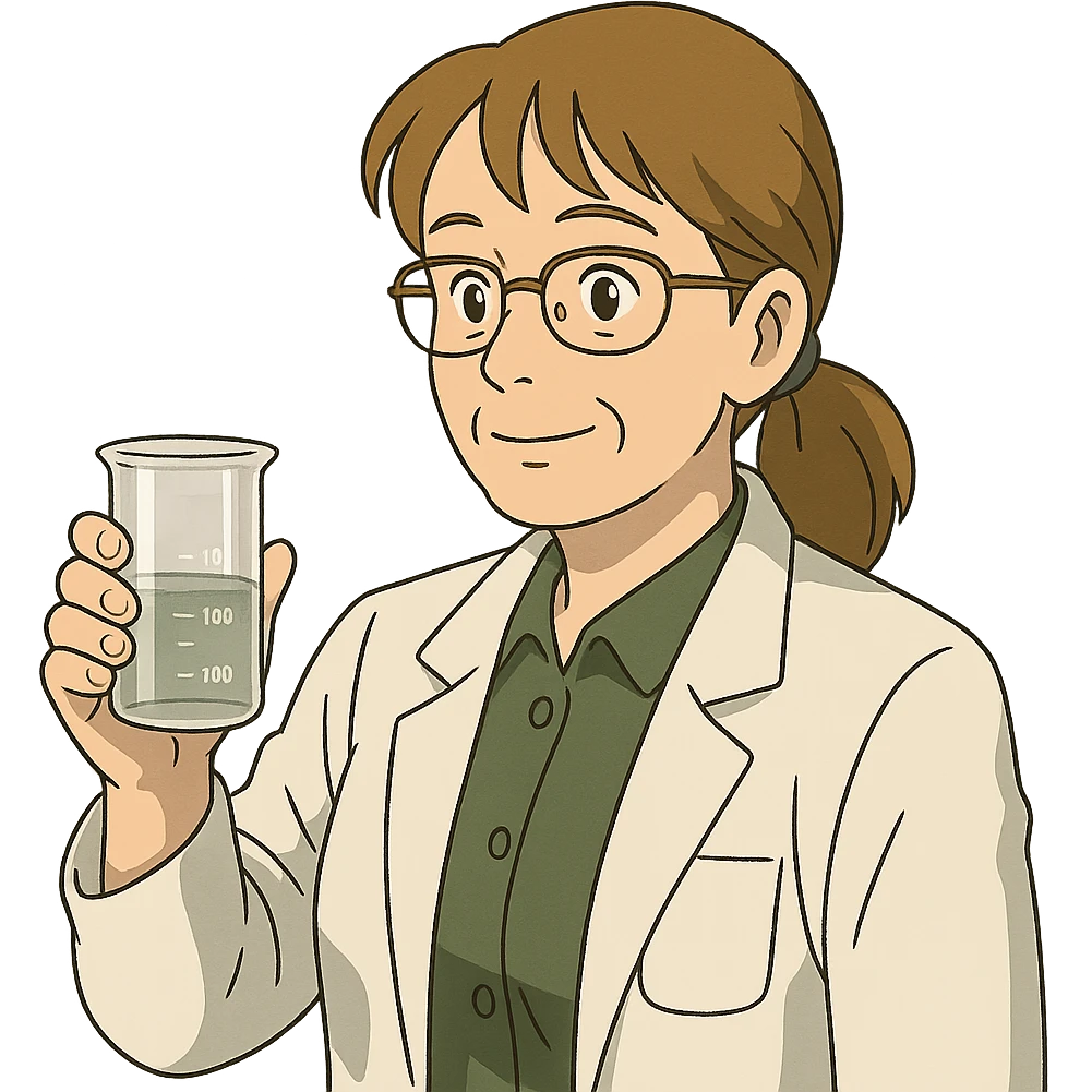 middle-aged science teacher, light brown hair in ponytail with bangs, brown eyes, holding a beaker emoji