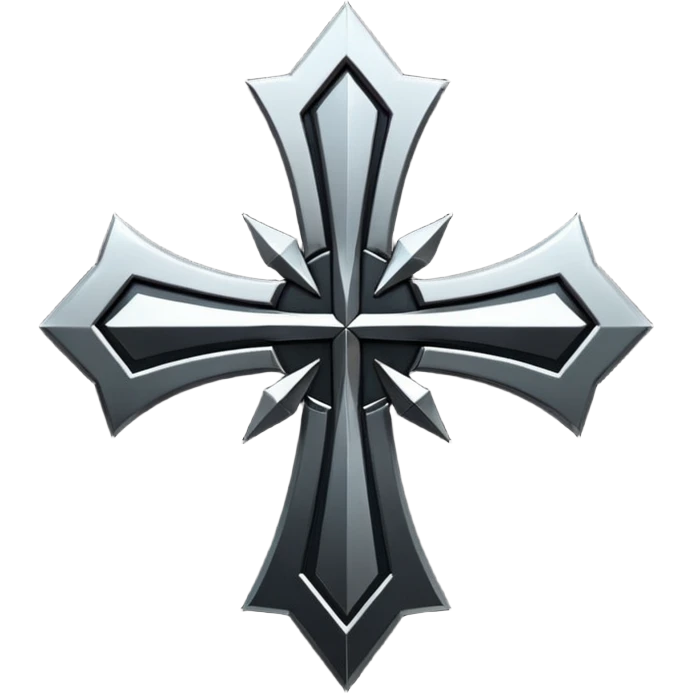 Emoji, dark futuristic cross, symmetrical geometric shape, black metal, gothic cyber aesthetic, minimal flat design, sharp edges, centered, transparent background do not use any other colors but metal and black emoji