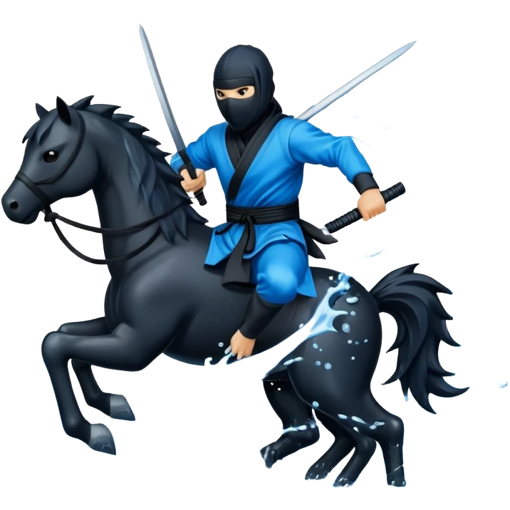 Water horse as a ninja, with a black ninja mask, wielding ninja stars, in water splash emoji