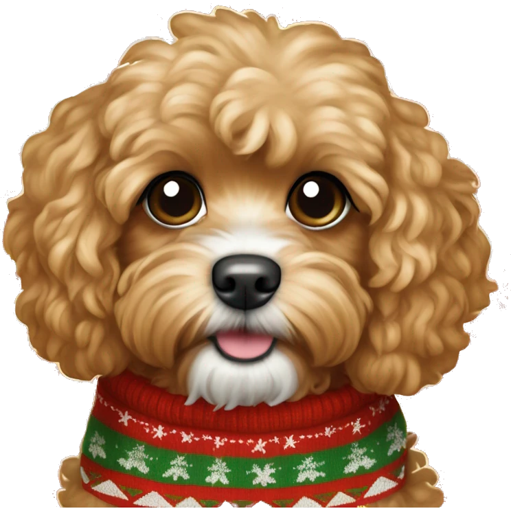 apricot colored cavapoo dog wearing a christmas sweater  emoji