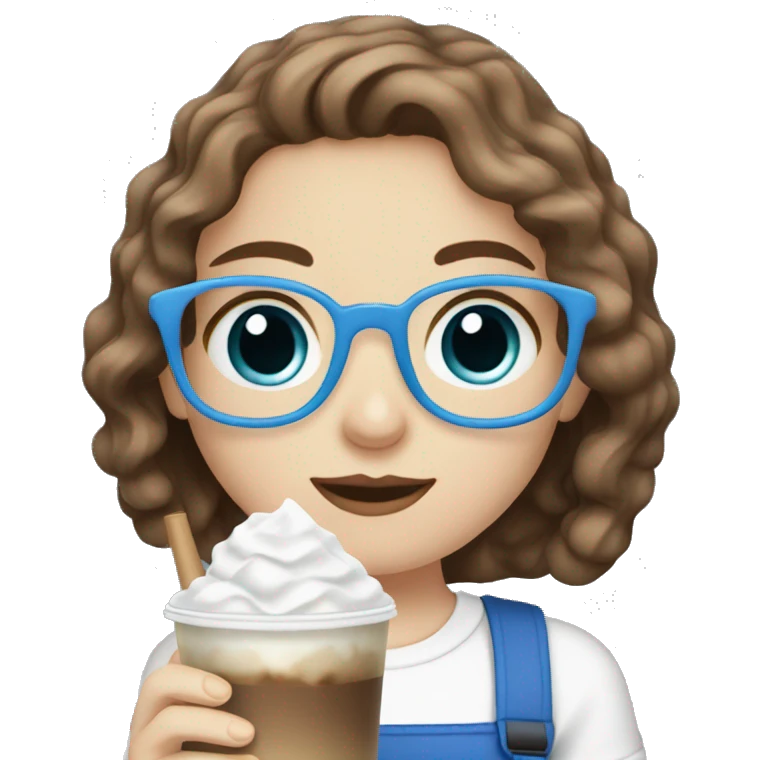 Pale skin girl with brown wavy hair and blue eyes drinking ice latte  emoji