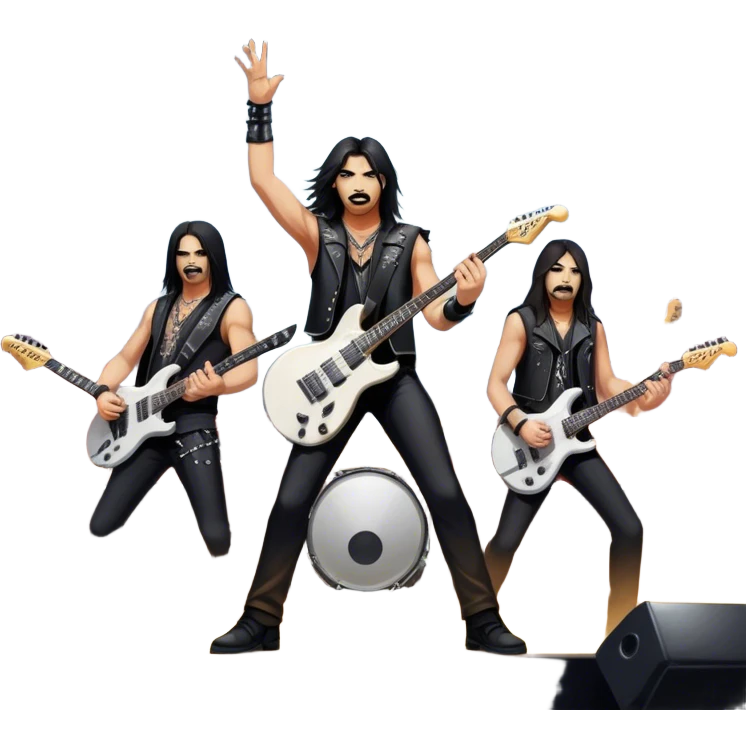 Icon for Heavy Metal: a metal band on stage, with electric guitars, drums, and a powerful vocalist. The atmosphere is intense with flashing lights, music notes, and a crowd of fans. The design should capture the energy and power of a live heavy metal performance. Transparent background. emoji