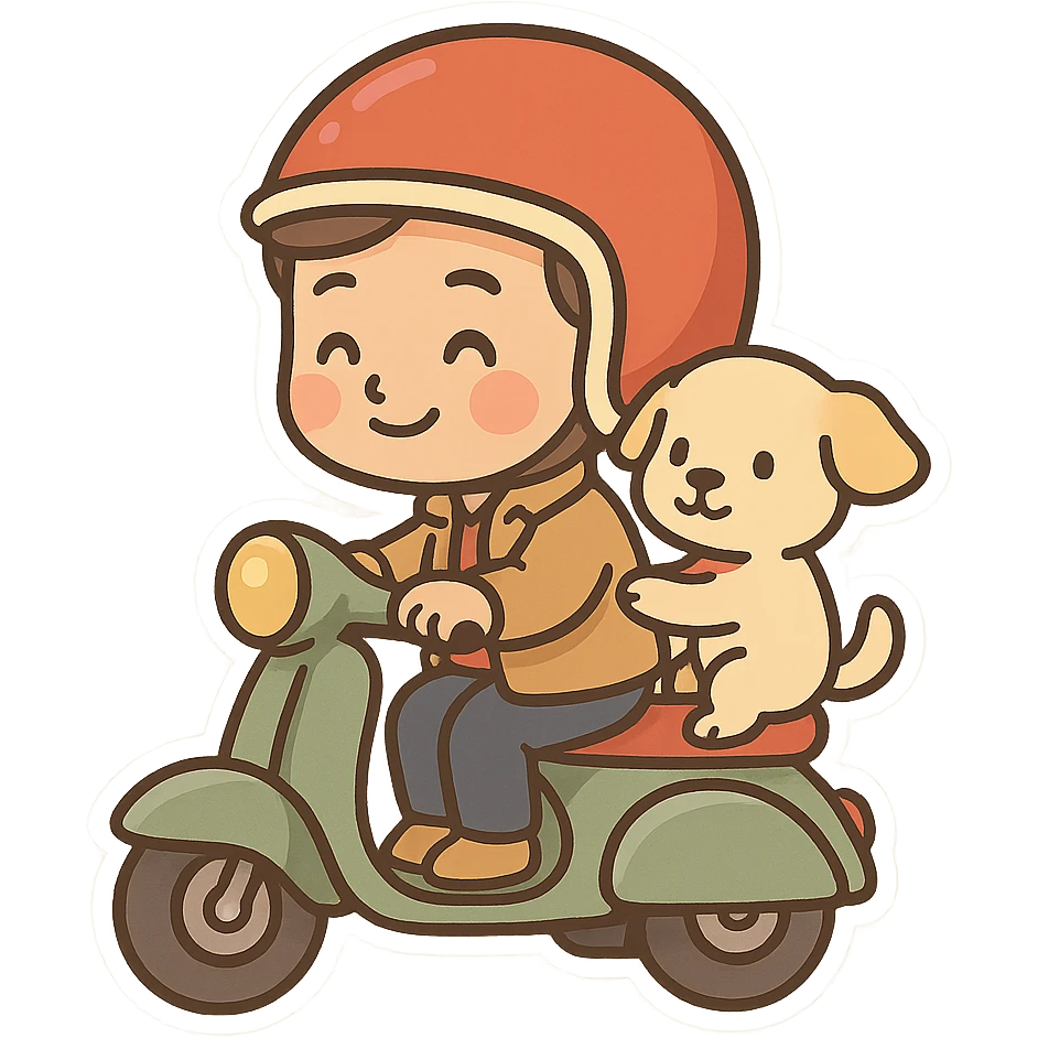 man and his pet dog riding a vespa emoji