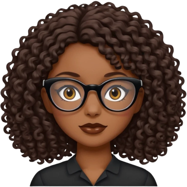 white girl with brown medium length curls and black cat-eye glasses emoji