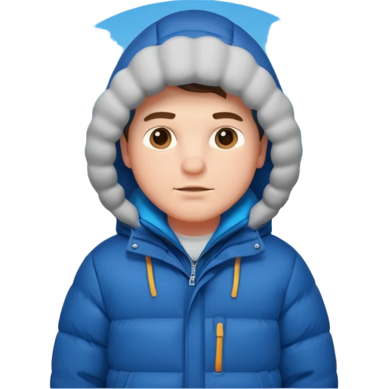 A man sitting on a chair, wearing a puffed coat with hood, hands in his pocket, freezing in the winter emoji