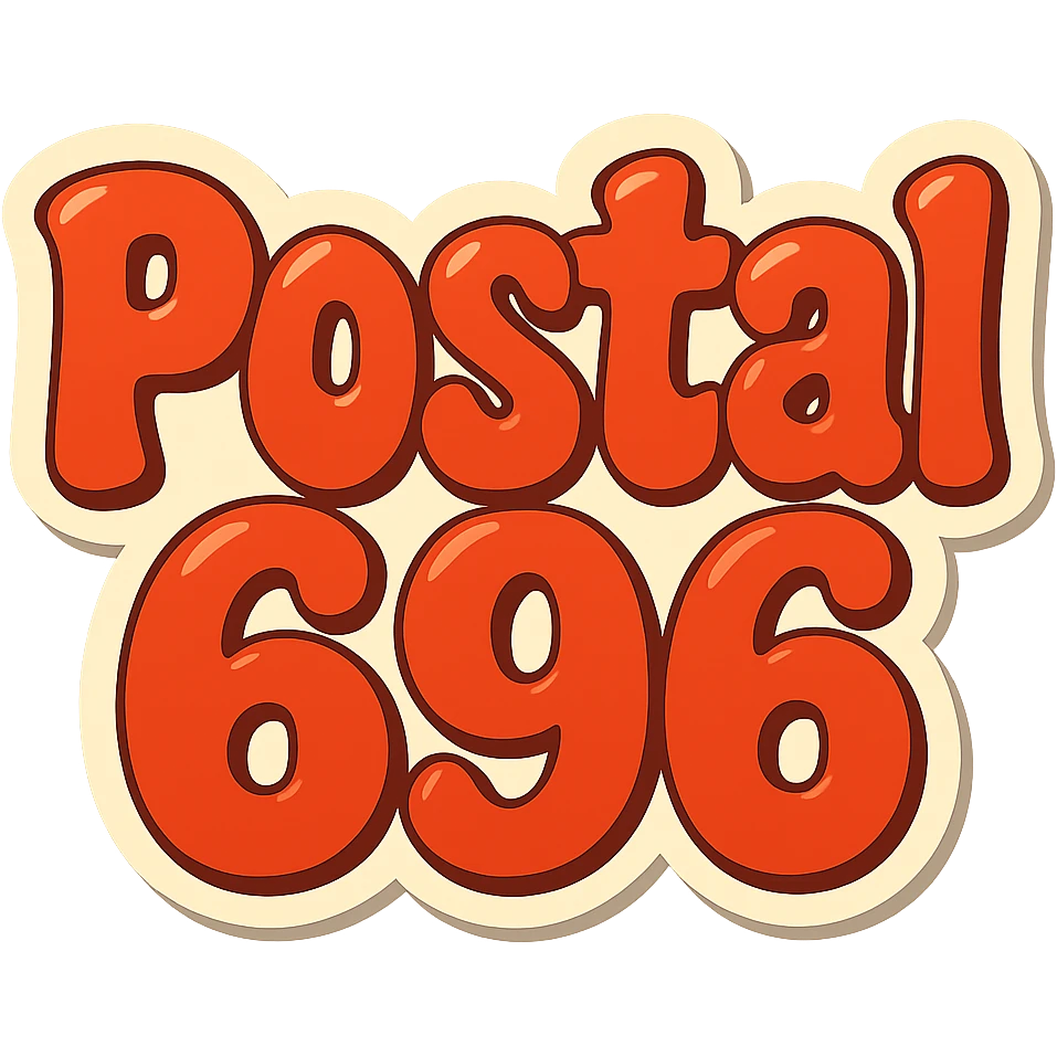 Change the text to 'Postal 696' in the same extra puffy, shiny orange and red bubble letter style, whimsical and lighthearted. Keep the background transparent. emoji