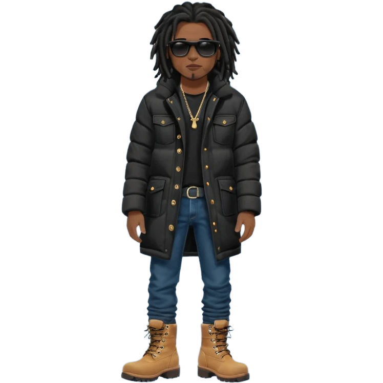 African American man brown skin complexion with black dreadlocks shoulder length wearing black bubble winter coat wearing black sunglasses with denim skinny jeans and timberland boots standing up emoji