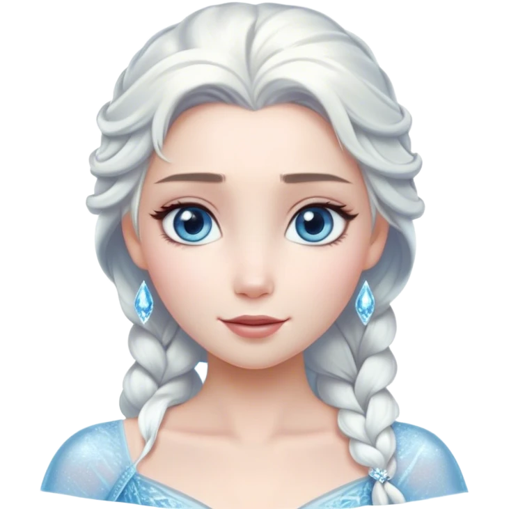 Cinematic Serene Snow Queen Portrait Emoji, rendered in a simplified vector style. Depict a gentle Elsa (chest and above) with delicate icy skin, softly cascading platinum hair, and calm, reflective blue eyes, dressed in her classic ice-blue gown. The image exudes a soft, luminous frosty radiance with high shine and a subtle glowing outline. emoji