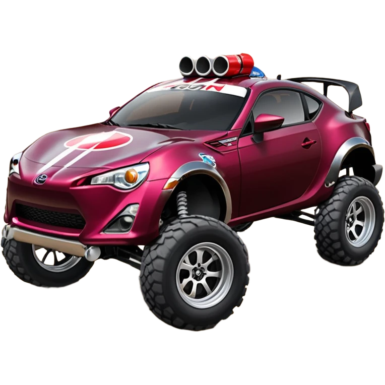 Extended wheelbase 2013 scion fr-s dark black cherry off road 4wd monster Baja dessert stadium racer number 86 with long travel suspension, shiny silver wheels, exaggerated black fender flares made out of Pepsi cans  emoji