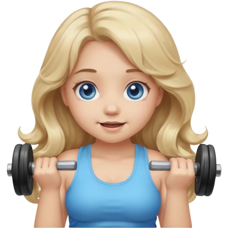 Kawaii emoji girl with big  blue glossy eyes, long wavy dirty blonde hair, happy expression, holding a dumbell, chubby cheeks, soft pastel colors, cozy and sweet aesthetic, clean background. emoji