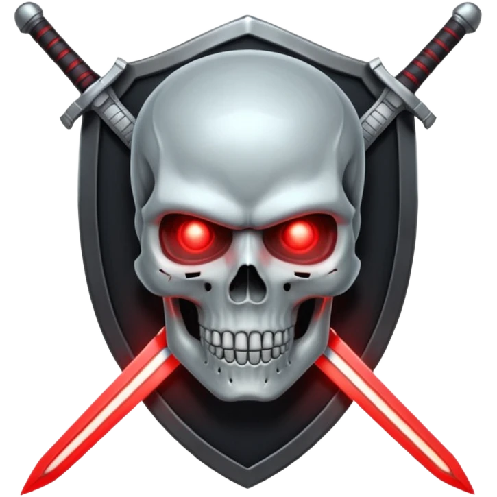 Sci-fi shield badge, terminator style skull, glowing red eyes, crossed futuristic sword energy, starwars light sable, no background emoji