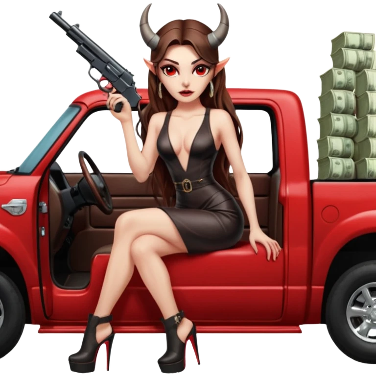 Lilith symbol red eye seductress evil long brown haired sexy succubus woman with leather long dress with slit on, sitting in Big Large F350 pickup truck. Platform long high heels on feet. Back seat full of stacks of cash, she is  Holding a man dead human skull of her enemies and a gun in other hand emoji