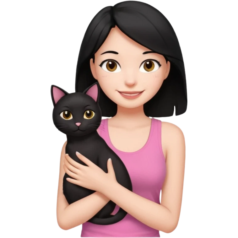 pretty woman with black hair and brown eyes, wearing a pink tank top, holding a black cat, smiling emoji