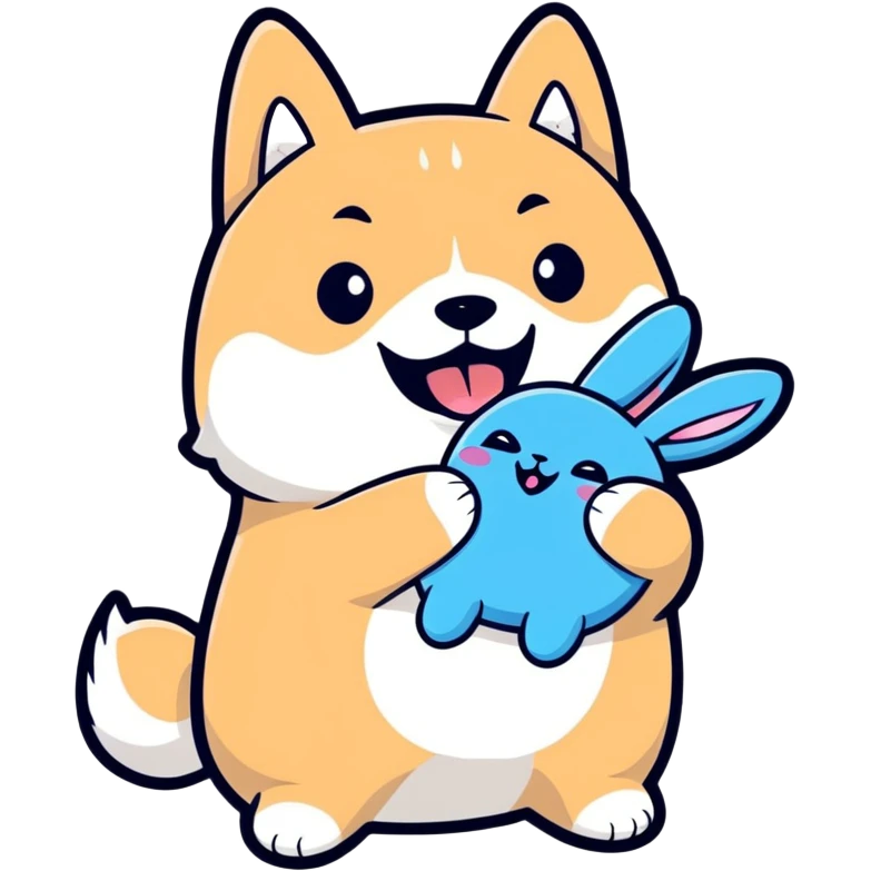 chubby black shiba inu with blue bunny plush in mouth, happy expression, cheese scent implied, cartoon sticker style emoji