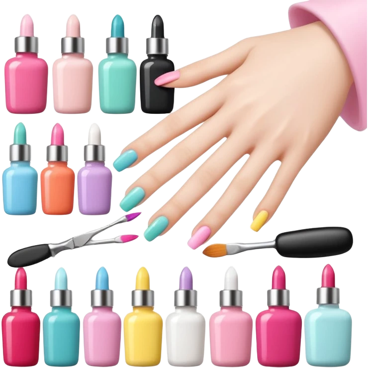 Minimalist nail art sticker pack featuring a cute female nail artist, nail tools like brushes and files, colorful nail polish bottles, small decorated nails, simple and clean design, pastel colors, kawaii style, delicate and charming, high-resolution, perfect for nail stickers emoji