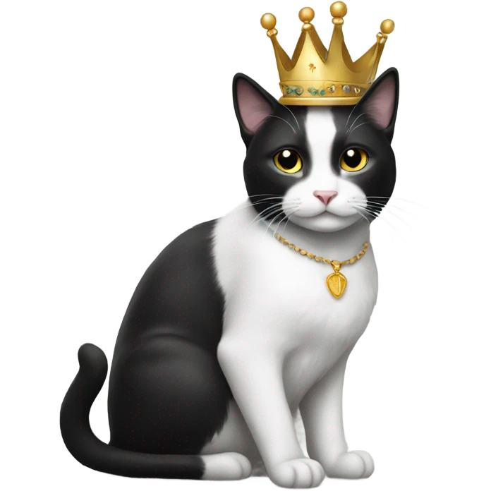black and white cat sitting and wearing a crown emoji