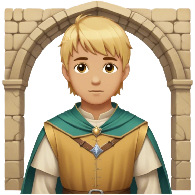 "Medieval summer outfit worn by a DnD themed fantasy male character. Character has golden blonde hair cut in a traditional page style, falling evenly just below the ears with a straight fringe across the forehead. emoji