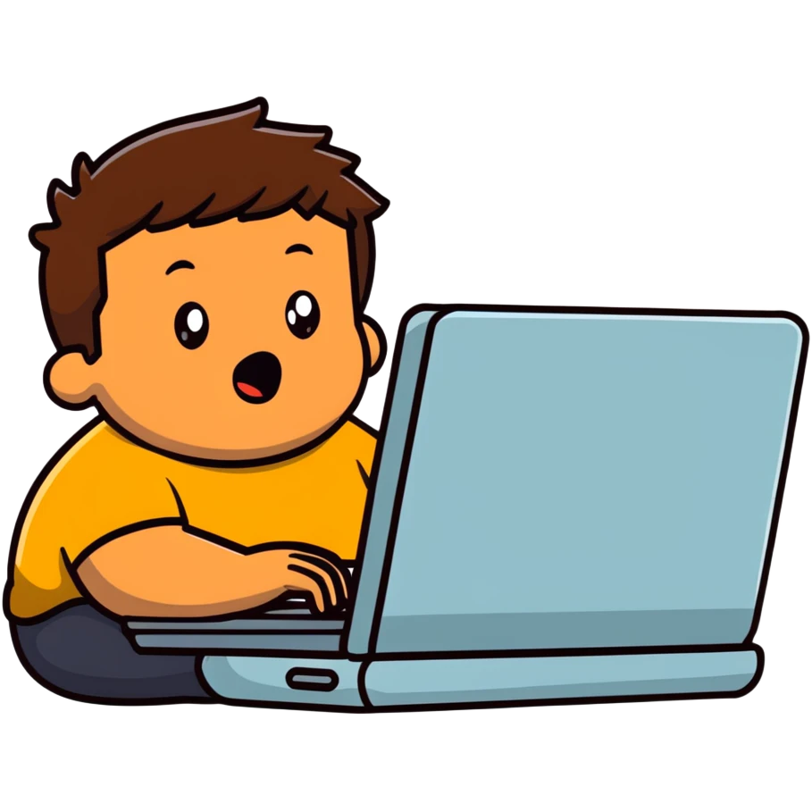 fat brown kid with brown hair using laptop drooling with stupid expression emoji