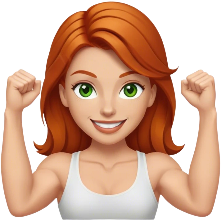 make a white girl that has ginger hair, green eyes, dark brown eyebrows,  long lashes, small lips, smiling and is skinny and a little buff, flexing her muscles  emoji