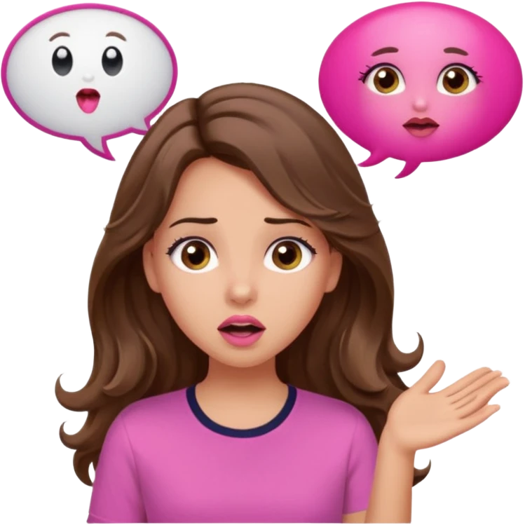 girl with long wavy brown hair, brown eyes, light to medium complexion, in a pink shirt, pink lips, long lashes, surprised, wow speech bubble emoji