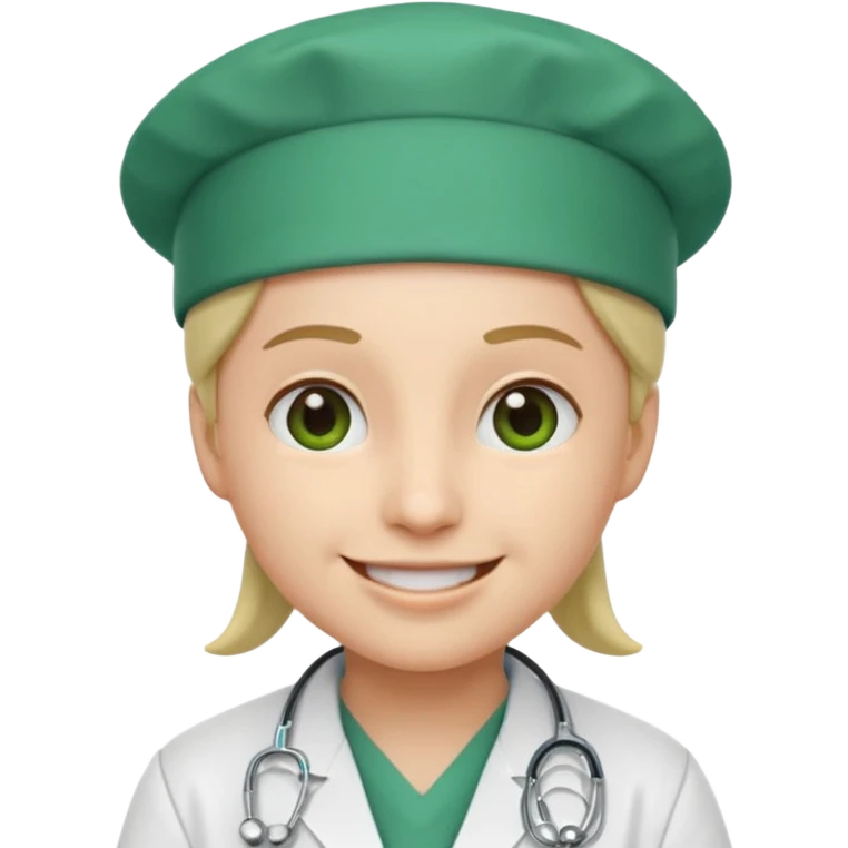 smiling emoji with a doctor's white coat and green surgical cap emoji