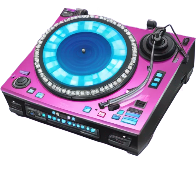 Realistic DJ turntable setup with pink,blue,and purple sparkling diamonds and rhinestones on it. emoji