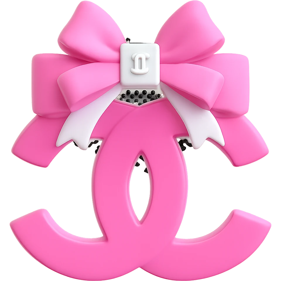 Make the Chanel logo small and white on the pink and white bow, keep it glossy, 3D emoji style, with no background. The style should resemble a 3D emoji with a glossy finish. emoji