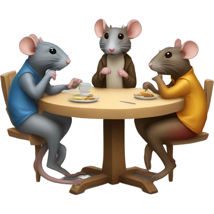Three differently colored rats are sitting around a round table and whispering emoji