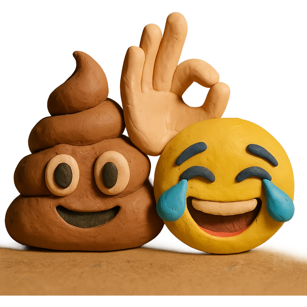 merged emoji of poop emoji, OK hand emoji with light skin tone, and face with tears of joy emoji in claymation style, all features present emoji