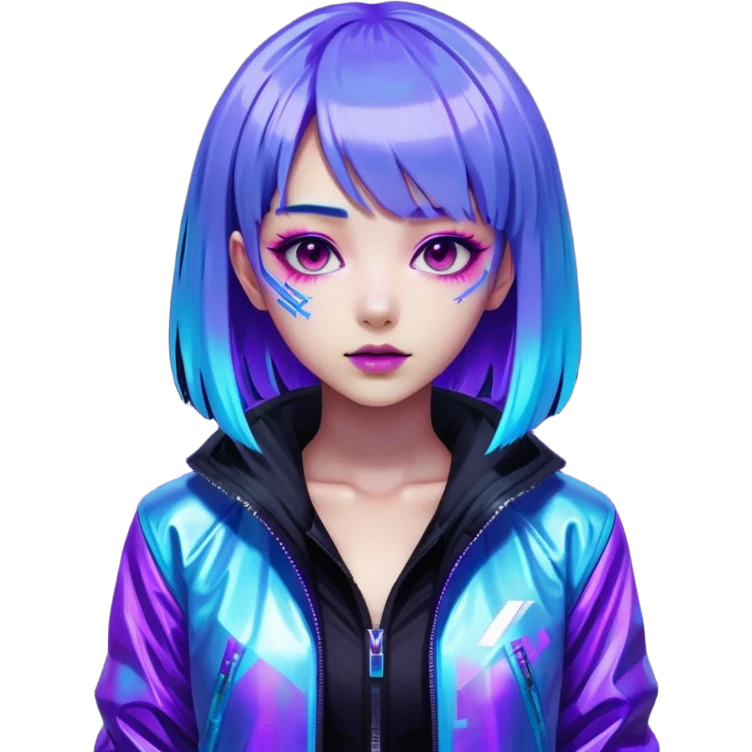 Cyberpunk Japanese girl with neon blue wig, holographic jacket, digital glitches effect, dark background with purple glow, iOS app icon style emoji