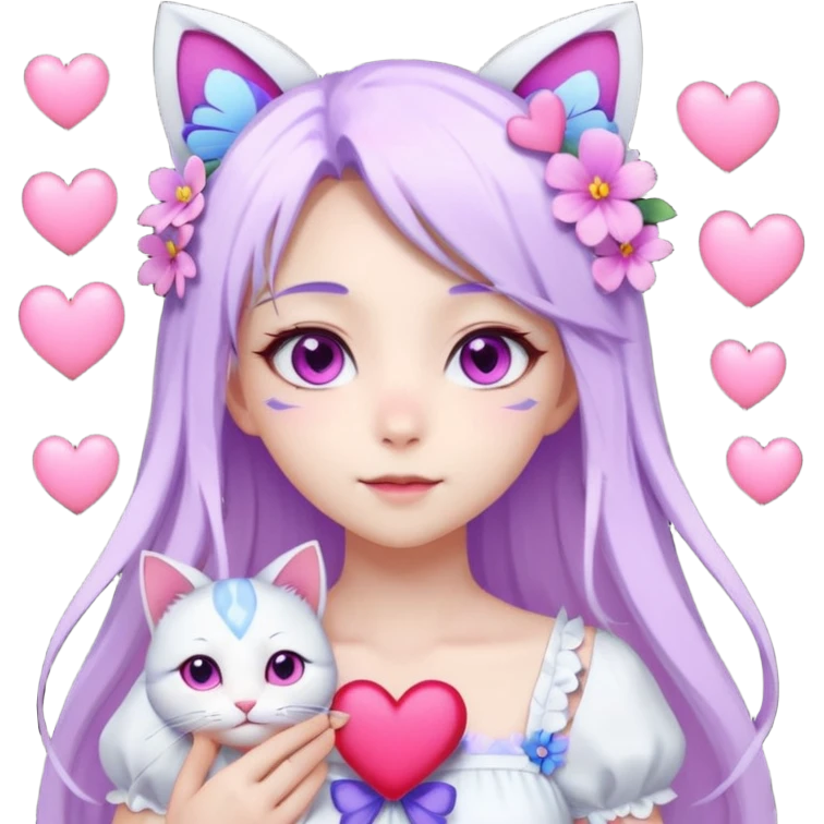 female anime character with pink eyes long white hair periwinkle highlights and cat ears on her head. She is wearing a white dress with purple flowers and butterfly. holding a heart emoji