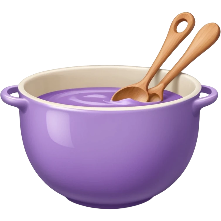 a lilac ceramic mixing bowl with a wooden spoon stirring emoji