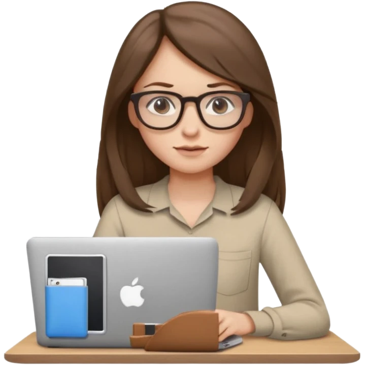 Girl in glasses,brown long hair, beige shirt, sitting with gray MacBook emoji