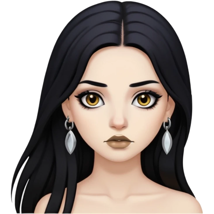 woman with long black hair dark makeup pale skin and black eyes right eyebrow piercing and left lip piercing  emoji