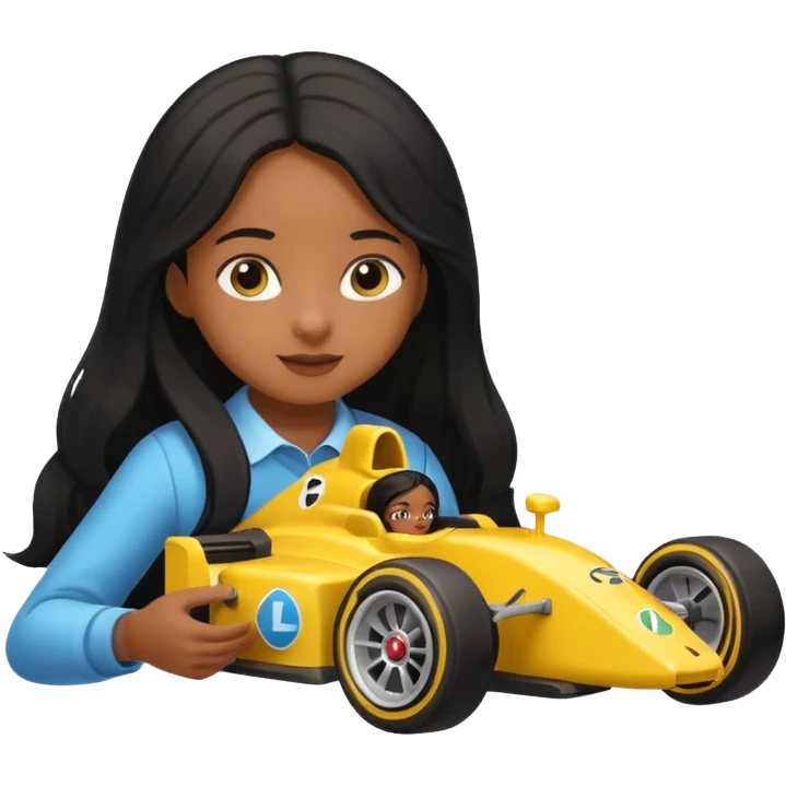  long black haired black girl kid playing yellow colored formula 1 car toy emoji