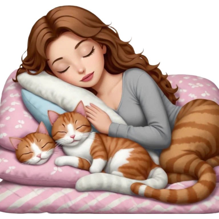 girl with long wavy brown hair, brown eyes, long lashes makeup, sexy pink lips, light to medium complexion,  sleeping on a cozy pillow, with 6 cats: 1 brown and white tabby cat, 1 ginger and white, 2 grey and white, 1 grey with white mittens and small white patch on chest and 1 calico, sleeping emoji