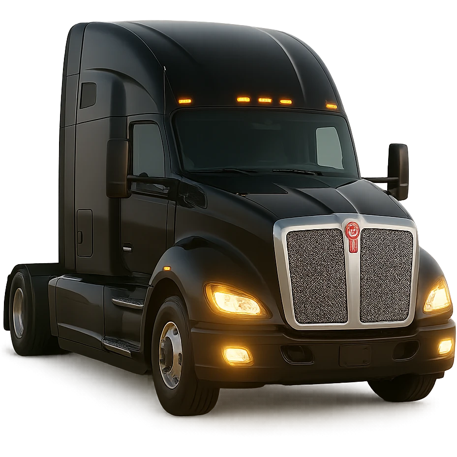 Realistic style close-up of a 2025 Kenworth T680 truck in black, 45-degree front angle, headlights on, no background. emoji