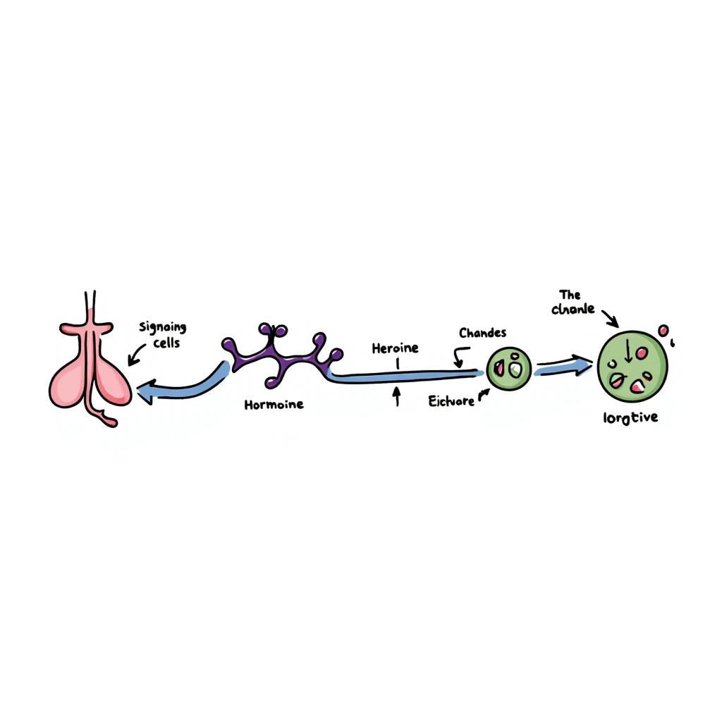 Hormone pathway illustration: pink endocrine gland releasing purple hormone molecules traveling through blue bloodstream to reach green target cells. Hand-drawn diagram showing molecular binding and resulting cellular changes with labeled parts and colorful signaling cascade. emoji