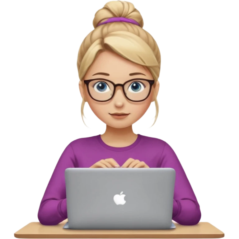girl, dirty blonde hair, a bun, blue eyes, glasses, brown longsleeve, a laptop. upper body. emoji