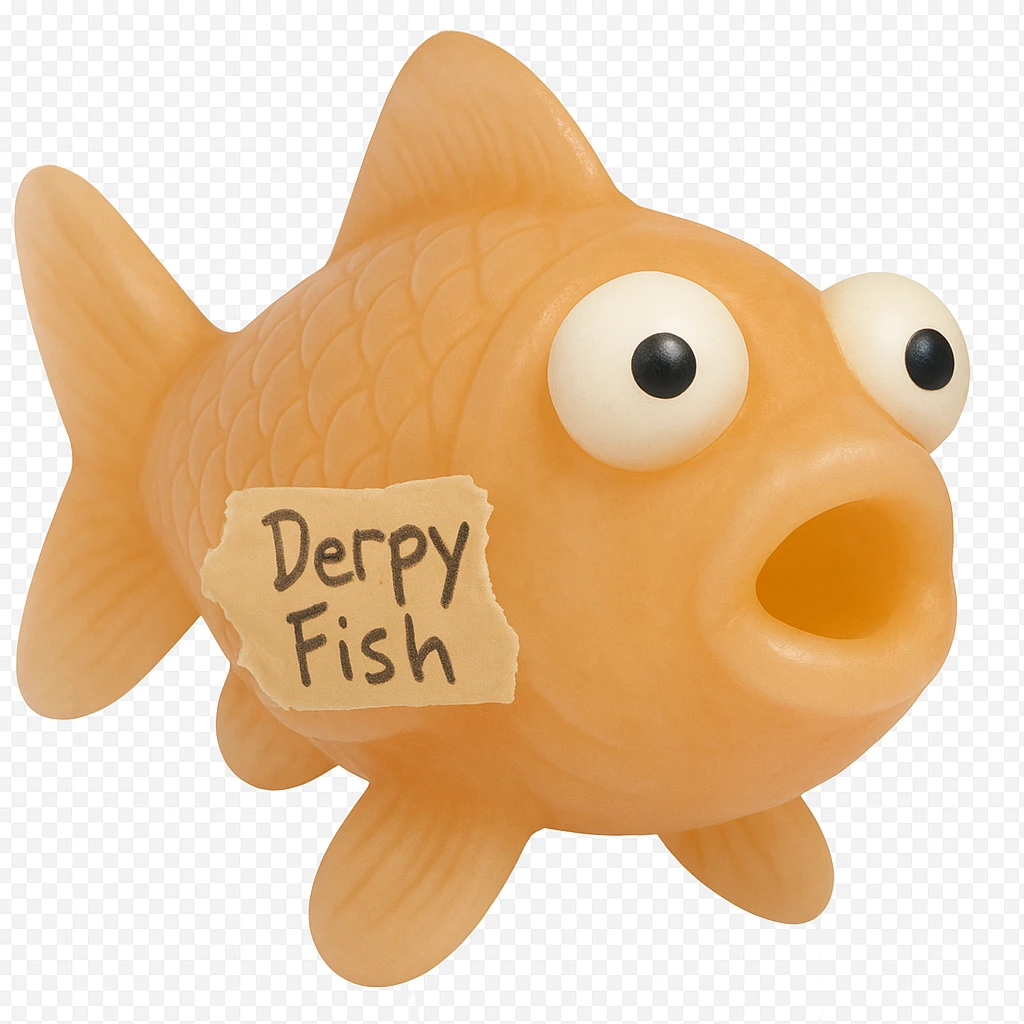 Soften the color of the bright orange fish, make the 'Derpy Fish' writing on the masking tape slightly more sloppy, and have the tape look torn and partially peeling off, not fully stuck on. Adjust the fish so it looks closer to facing the camera. The fish should be somewhat transparent with a retro 90's toy look, derpy eyes, soft plastic appearance, soft reflections, soft and squishy texture, some cloudiness, not shiny, highly detailed and appealing. The masking tape should look realistic, torn, and partially peeling off the fish. Remove the background. emoji