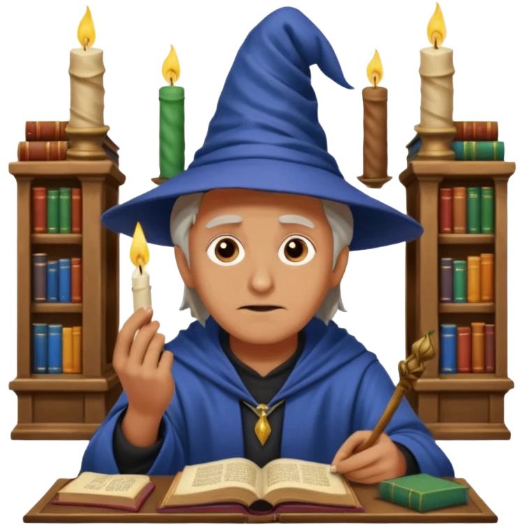 "Thinking face emoji 🤔 as a thoughtful wizard in Hogwarts library, scratching head with quill, surrounded by floating books and candles, detailed digital art in Harry Potter style, puzzled expression, magical atmosphere."
 emoji