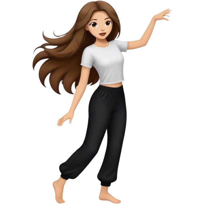 girl with long brown hair dancing in wide black pants emoji