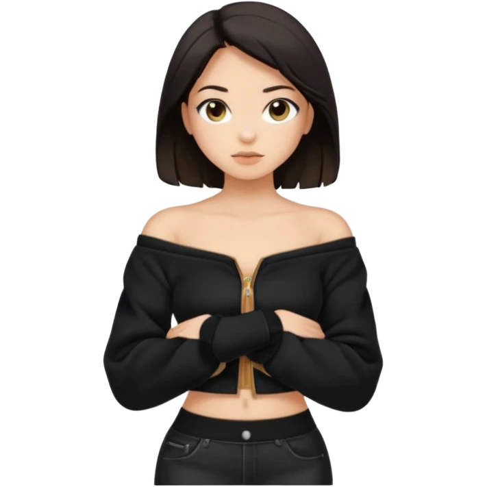  Siyah uzun saçlı ceket giyen esmerimsi kız fazla esmer değil siyah ceket  polar ceket ceket gevşek biraz omzundan çıkıyormuş gibi ve bugday ten rengi soltaraftaki omzundan çıkık sadece içinde de siyah crop var crop omzundan bağlı ve sadece sol omzundan gevşek ceket  emoji