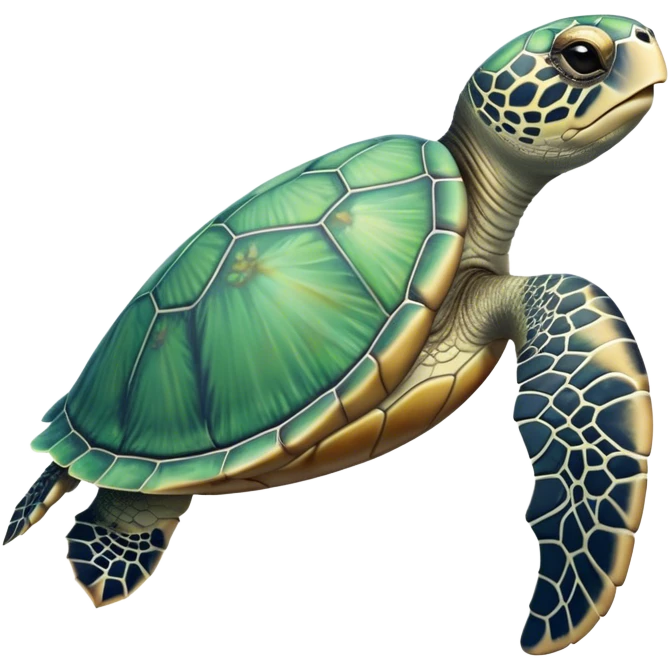 Cinematic Realistic Cute Sea Turtle Portrait Emoji, Head tilted playfully and inquisitively, featuring a compact, gentle form with a beautifully detailed shell adorned with natural patterns and a soft, expressive face with sparkling eyes, rendered with realistic textures and warm ambient light; high shine, affectionate and spirited, styled with a touch of marine whimsy, soft glowing outline, capturing the essence of a mischievous yet lovable sea turtle that seems ready to swim playfully into your arms! emoji