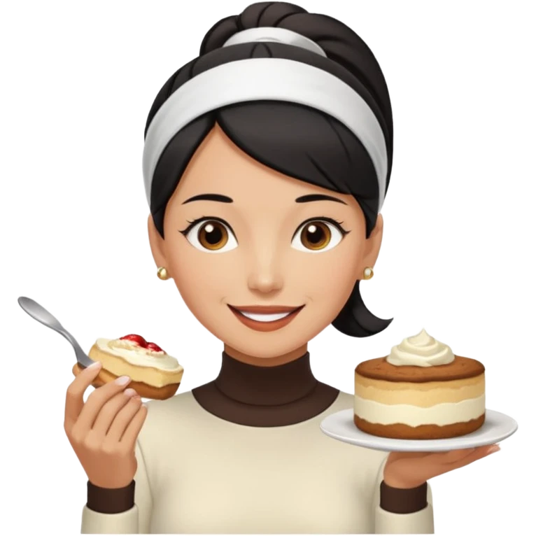  tan skin woman with long face, and short black hair slicked back ponytail with forehead showing, white headband, wearing white turtleneck shirt, eating tiramisu smiling with middle parted hair emoji