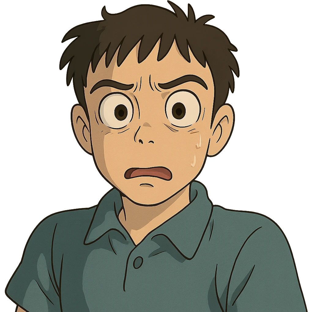 ghibli style suspicious anime face with wide eyes, surprised and confused expression emoji