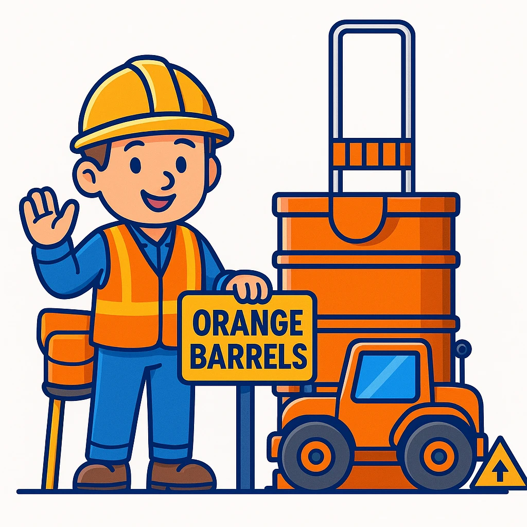 Add a friendly cartoon construction worker standing next to the orange road construction barrel and the 'Orange Barrels' sign. The worker should wear a yellow hard hat and a safety vest, matching the playful, bright cartoon scene. emoji