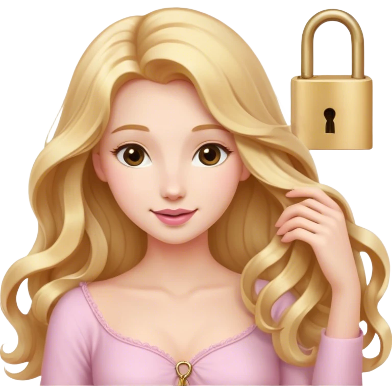 Cinematic Elegant Rapunzel Portrait Emoji, Twirling a lock of her golden hair, dreamy expression, soft pink lips curving into a gentle smile, delicate yet mesmerizing, a princess with a heart full of adventure and beauty! emoji